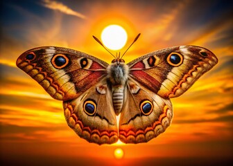 Silhouette of Small Emperor Moth (Saturnia pavonia) against Sunset