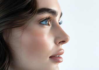 This image shows a closeup of a woman with flawless skin and subtle makeup, emphasizing her beauty and elegance. The portrait captures her delicate features and youthful sophistication