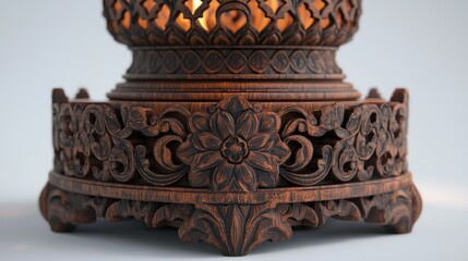 Carved wooden lamp base detail, lit interior, plain background, home decor
