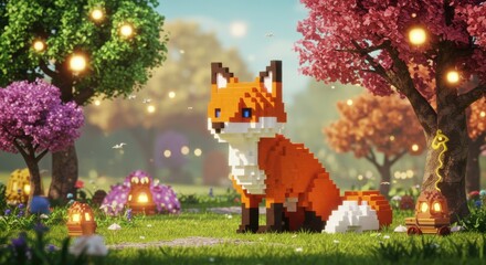 Colorful pixel art fox in a vibrant garden with glowing lanterns