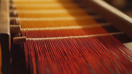 Scene of a weaving setup. Featuring weaving loom, threads, and patterns. Highlighting the craftsmanship of weaving. Ideal for DIY and craft blogs.