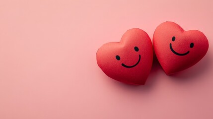 Two red paper hearts with smiley faces on a pink background. A playful and minimal Valentine's design for creative campaigns or personal use.