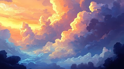 Vibrant sunset clouds with dramatic colors illuminating the sky, evoking a sense of tranquility