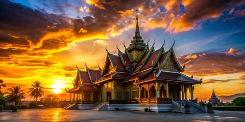 Obraz premium Silhouette of Thai Temple Architecture at Sunset, Dramatic Sky