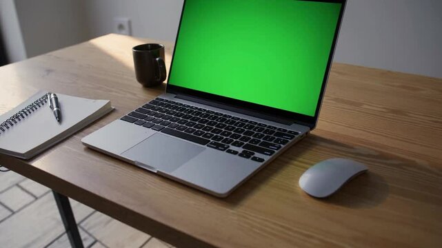 A high-quality 4K cinematic shot capturing a sleek, modern laptop with a vibrant green screen mock-up, placed neatly on a minimalist wooden desk in a well-lit office.