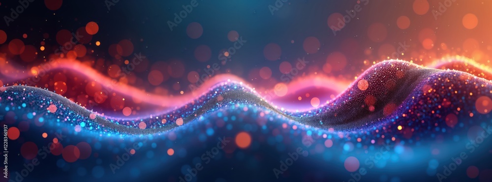 Poster Abstract digital wave pattern. Colorful glowing particles. Bokeh, light background. Wavy lines. Dynamic motion effect. Vibrant colors. Modern design. Creative illustration. Tech fashion theme. Great