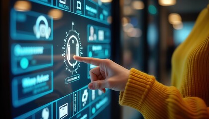 Woman interacts with tech interface offering personalized shopping recommendations. AI assistant provides real-time updates, suggestions. E-commerce website displays dynamic recommendations. Online