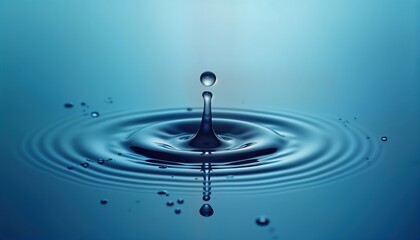 Water droplet falling into still water creates concentric ripples. Clear water droplet makes splash. Abstract pattern of liquid motion. Close-up view. Nature scene. Clean water. Cool water.