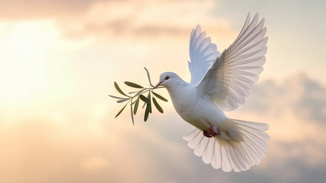 White Dove in Mid-Flight Carrying an Olive Branch in its beak, on a Glowing Sky with Golden Sunlight, Symbolizing Peace, Hope, and Serenity.
