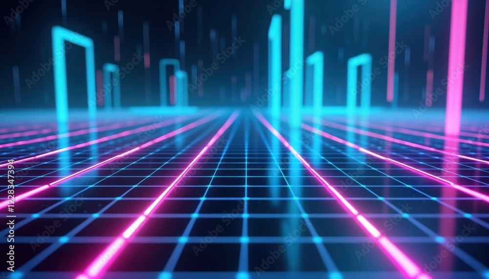 Poster Futuristic digital tech background shows grid structure with neon cyan, purple glowing lines. Perspective view creates depth, dynamism. Abstract design perfect for hi-tech concepts like virtual