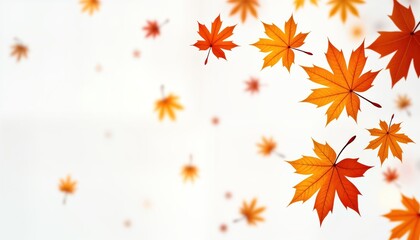 Fototapeta premium Vibrant autumn leaves float in the air against a white background. Maple leaves are in various shades of orange and red. The leaves are isolated creating a beautiful seasonal design.