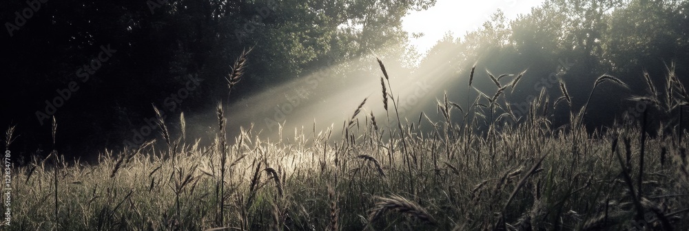 Aufkleber Rays of sunlight illuminate ripe wheat ears in a tranquil field during early morning. Generative AI