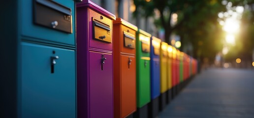 Colorful mailboxes line city street, sunset glow