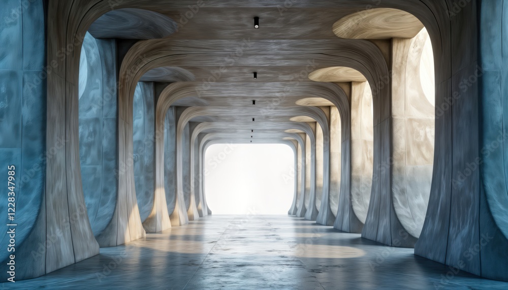 Poster Modern reinforced concrete tunnel structure features arched side openings. Empty indoor space with smooth floor. Architectural design concept. Interior perspective with glow from openings. Spacious,