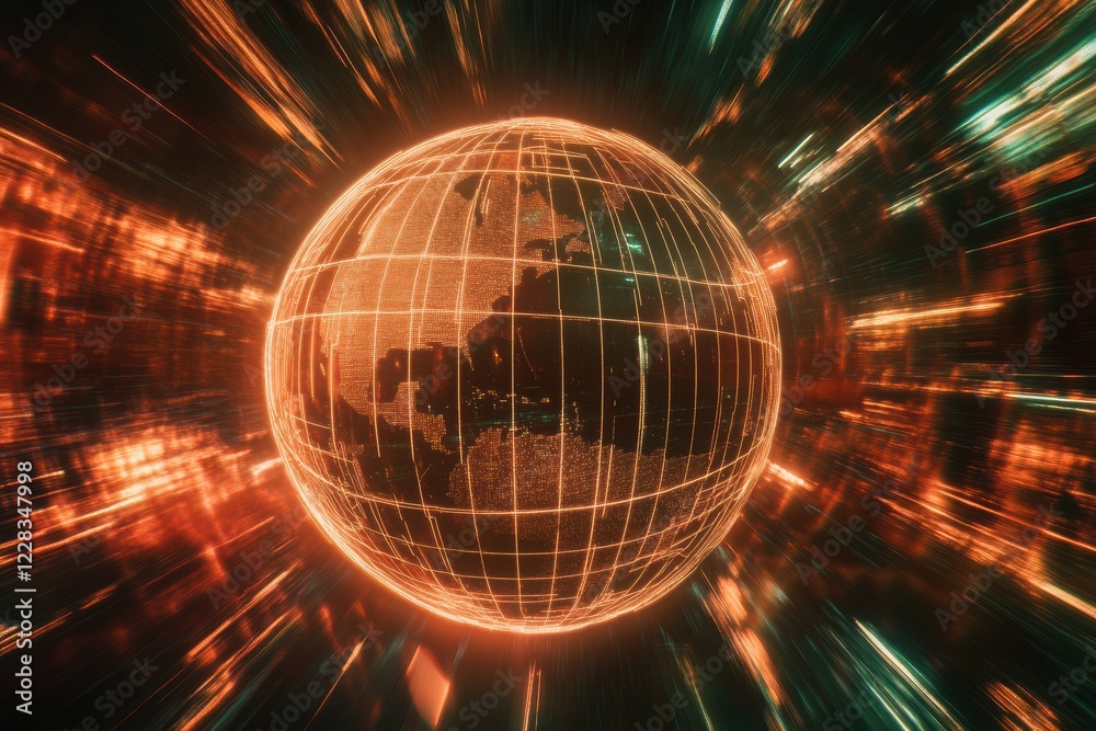 Poster Globe rotating with glowing contour lines indicating global networks and technological connections over time. Generative AI