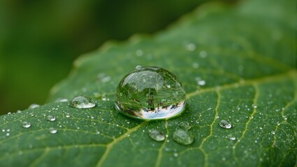 Unique macro capture of water droplet on leaf reflecting miniature world