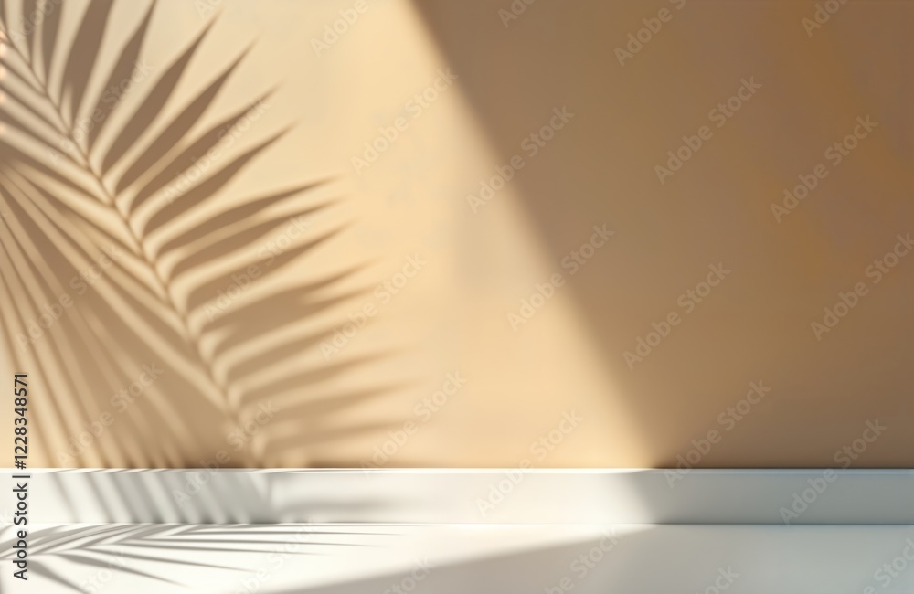 Aufkleber Minimalist display blank platform with palm leaf shadow on light beige wall. Empty stage design for product presentation. Clean lines, soft light create modern tropical look. Template for advertising