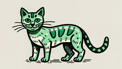 A Green Cat with Black Spots and Stripes Standing on a Light Background with a Curved Tail and Whiskers