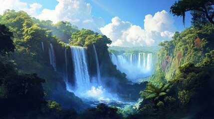 Fototapeta premium Lush rainforest waterfall, sunny sky, jungle backdrop; travel brochure