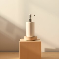 Obraz premium Minimalist bathroom decor, white ceramic soap dispenser, wooden pedestal, beige background
