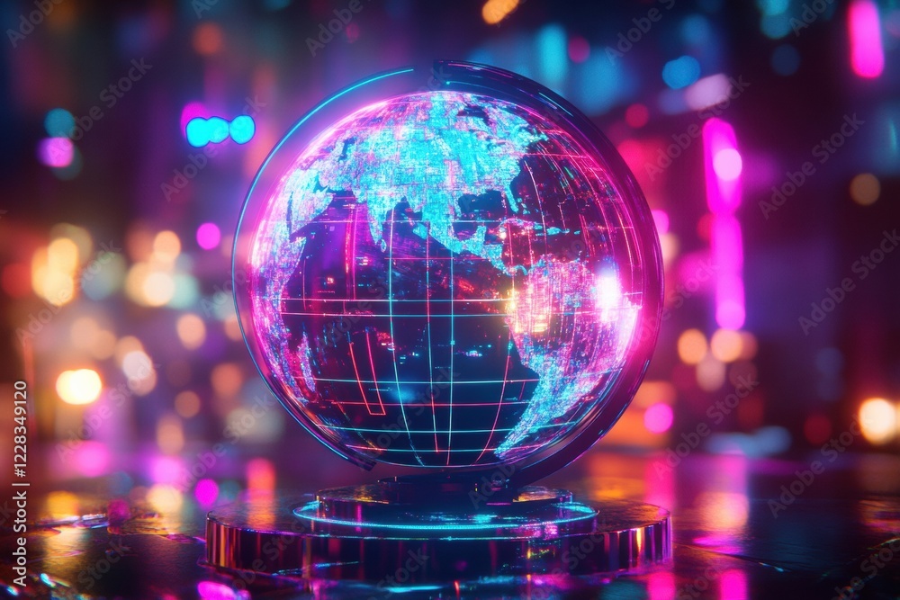 Poster Spinning globe with glowing contour lines showcases earth in a colorful digital display. Generative AI
