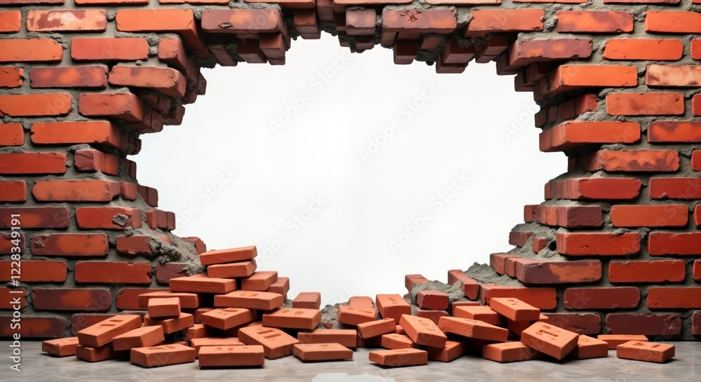 Poster brick wall with large hole. broken bricks lie on ground below gap. old red bricks form texture of wa