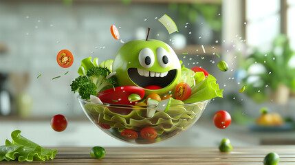 A fresh salad with a variety of ingredients. animated character, C4D model rendering, cheerful smile