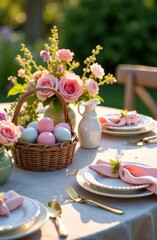 A charming outdoor brunch setup featuring a table adorned with pastel-colored eggs, delicate flowers in vases, and elegant tableware, surrounded by a lush garden in daylight.