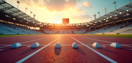 Empty athletic stadium track with starting blocks at sunset. Spectator seats visible in background. Competition atmosphere present in photo. Arena ready for event. Runners likely to use starting