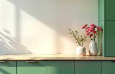Cozy kitchen mockup shows wood countertop with green cabinets. Soft warm light, pink flowers in vases create calm, inviting atmosphere. Minimalist design with empty countertop space makes ideal for