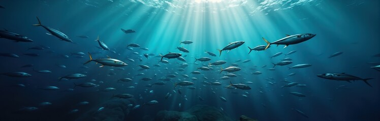 Obraz premium Sunlight beams through deep ocean water. School of blue tuna fish swims together. Ocean life shows aquatic wildlife. Nature scene in blue deep sea. Fish swimming. Sunlight in sea water. Wonderful