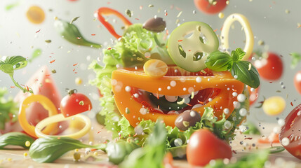 A fresh salad with a variety of ingredients. animated character, C4D model rendering, cheerful smile, 3D rendering --ar 16:9 Job ID: 93c718a5-2d51-4dc3-9af1-1a345822ced0