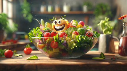 A fresh salad with a variety of ingredients. animated character, C4D model rendering, cheerful smile, 3D rendering