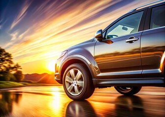 Naklejka premium Sleek SUV, Spinning Wheel, Luxury Vehicle, High-Performance Sport Utility, Dynamic Motion