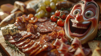 A close-up of a charcuterie board. animated character, C4D model rendering, cheerful smile, 3D rendering