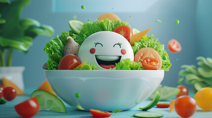 A fresh salad with a variety of ingredients. animated character, C4D model rendering, cheerful smile, 3D rendering