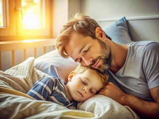 Sleepy Boy Woken by Dad in Sunny Bedroom - heartwarming morning scene