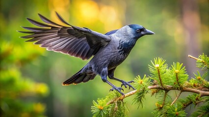 Slow Motion Jackdaw Landing on Branch, Norwegian Forest, 120fps
