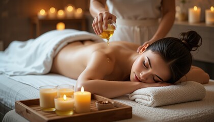 Massage therapist pouring oil on lady back at luxury spa decorated with candles, body care concept. Woman enjoying relaxing massage with aromatherapy