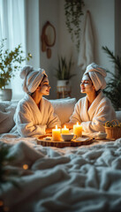Two women in bathrobes enjoying a cozy spa day at home with candles, facemasks, and relaxation in a warm, inviting room - hostingcore concept