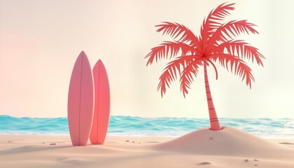 Pink surfboards stand on sandy beach beside stylized palm tree. Calm ocean water stretches in background. Minimalist summer vacation scene. Product display mockup concept. Pastel color palette. Ideal