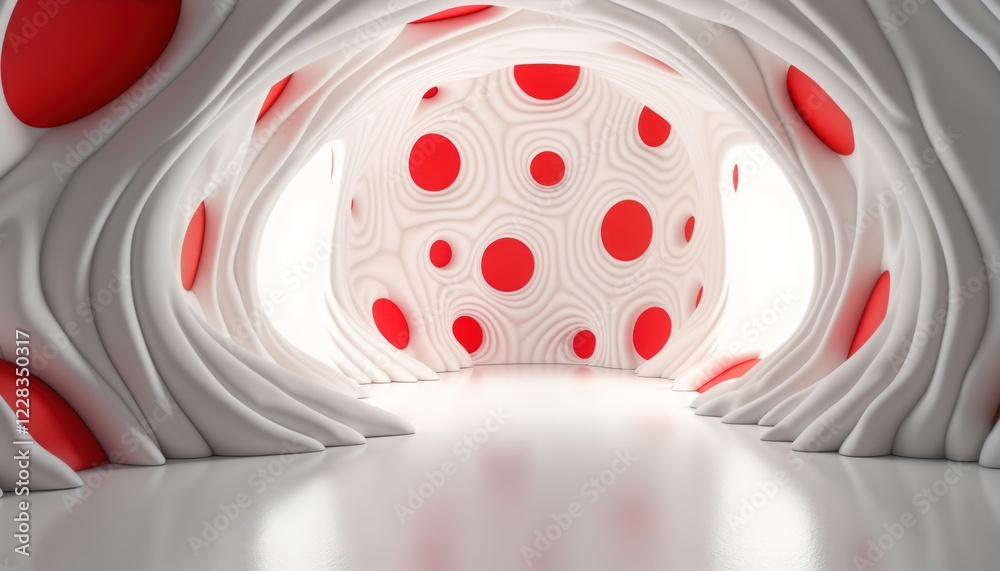Poster 3d render shows minimalist white room. walls floor, ceiling vibrant red dots creating abstract patte