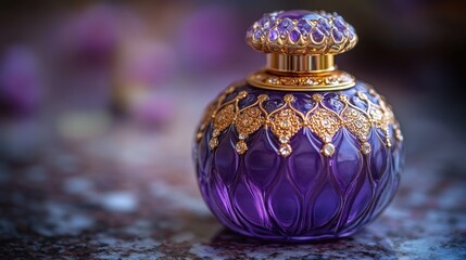 Purple perfume bottle, floral backdrop, luxury, advertising