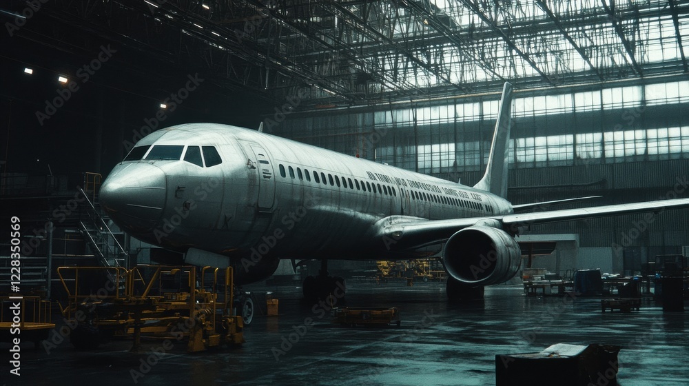 Aufkleber metallic aircraft inside a large aircraft hangar during early morning hours with dim lighting and he