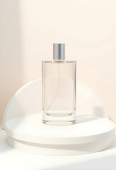 Minimalist perfume bottle, white cylindrical podium, beige background, soft shadows, clean aesthetic, pastel tones, geometric shapes, product photography