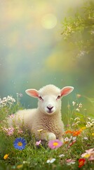 Fototapeta premium Adorable Baby Ewe Sitting on Patch of Soft Grass Surrounded by Flowers