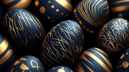 Exquisite dark blue easter eggs with golden patterns celebrating the art of easter decoration