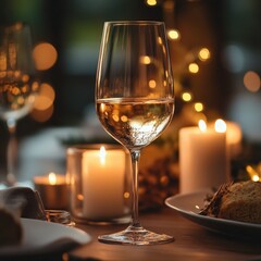 Glass of red wine with rose petals and lit candles on a table. Ideal for romantic dinner promotions or storytelling concepts.