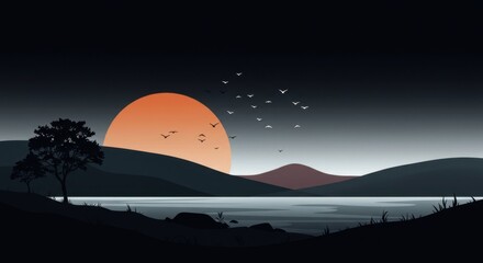Fototapeta premium Serene sunset over a tranquil lake with silhouetted hills and birds
