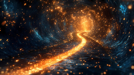 Obraz premium A shimmering path of golden and blue light forms an abstract pathway leading to a luminous destination. luminous path. illustration. Shimmering Path. Illustration